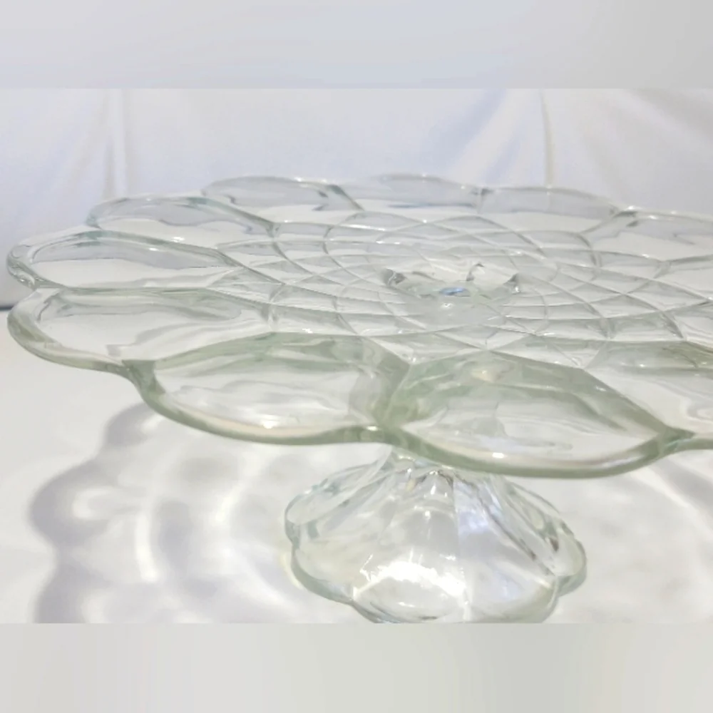Vintage Pedestal Cake Stand L E Smith Dominion Clear Glass Scalloped Edge Design